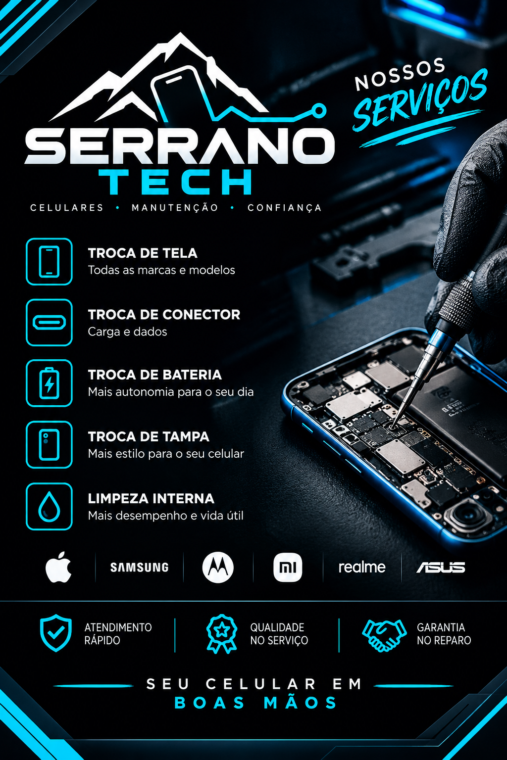 Arte de divulgação da Serrano Tech e serviços de manutenção